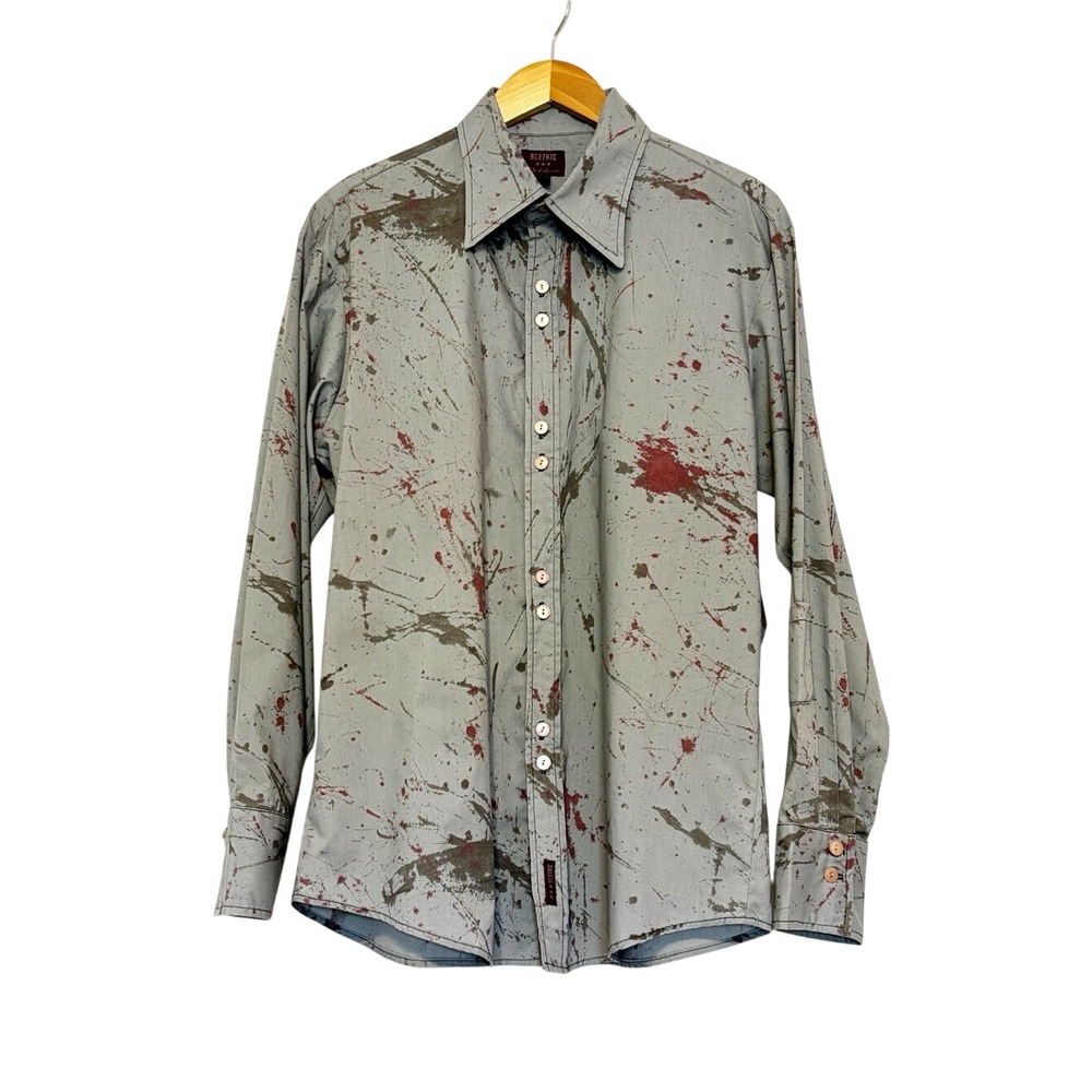 Vintage BC Ethic Paint Splatter Print Button Down Shirt Gray Red Black Punk Y2K